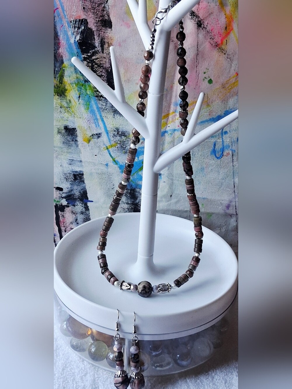 Rhodonite Beaded Necklace And Earring Set-Handmade